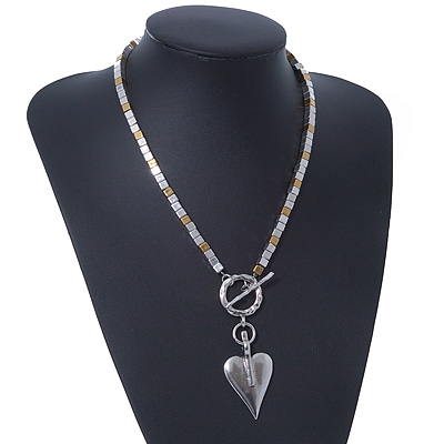 Two Tone Contemporary Heart Pendant Necklace With T-Bar Closure - 44cm Length - main view