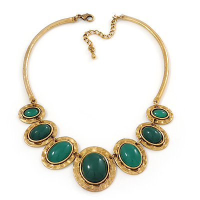Ethnic Green Resin Oval Stone In Burn Gold Metal Choker Necklace - 34cm Length/ 6cm Extender - main view
