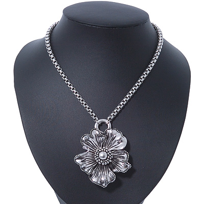 Vintage Hammered 'Flower' Pendant Necklace In Burn Silver Finish - 40cm Length/ 7cm Extender - main view