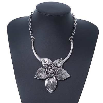 Large Textured 'Flower' Pendant Ethnic Necklace In Burn Silver Metal - 38cm Length/ 6cm Extender - main view