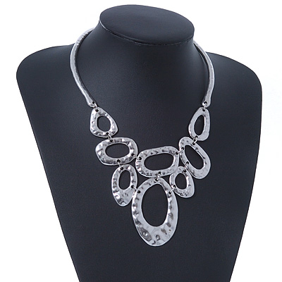 Ethnic Geometric Hammered Bib Necklace In Silver Plating - 36cm Length/ 4cm Extender - main view