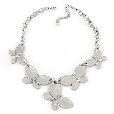 Silver Plated Hammered Butterfly Necklace - 44cm Length/ 6cm Extender