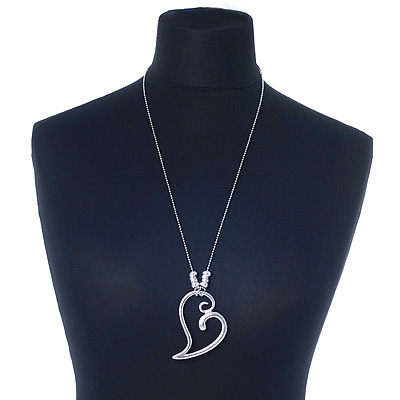 Hammered Silver Plated 'Be Mine' Long Open Heart Pendant on Bead Chain - 72cm (7cm extension) - main view