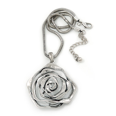 Rhodium Plated Open Rose Pendant Necklace - 42cm Length/ 6cm Extender - main view
