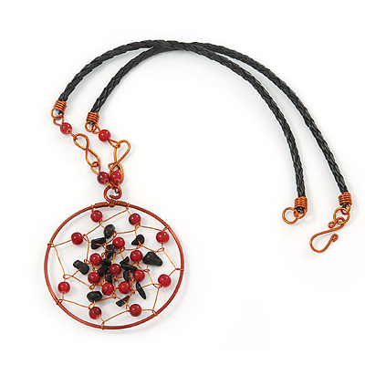 Copper Tone Black/Red Glass Bead Medallion Pendant  Black Leather Style Cord Necklace - 52cm Length - main view