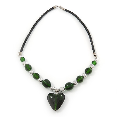 Dark Green Glass 'Heart' Pendant Necklace On Black Leather Style Cord - 50cm Length - main view