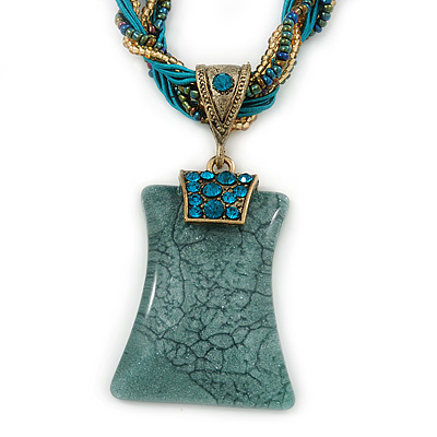 Vintage Bead Malachite Green Square Glass Pendant Necklace In Antique Gold Metal - 38cm Length/ 5cm Extender - main view