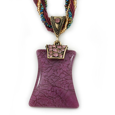 Vintage Bead Purple Square Glass Pendant Necklace In Antique Gold Metal - 38cm Length/ 5cm Extender
