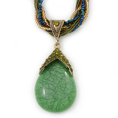 Vintage Bead Light Green Teardrop Glass Pendant Necklace In Antique Gold Metal - 38cm Length/ 5cm Extender - main view