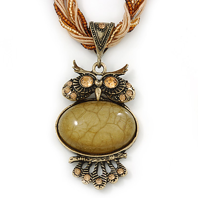 Vintage Bead 'Gold Owl' Pendant Necklace In Antique Gold Metal - 38cm Length/ 5cm Extender - main view