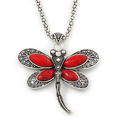 Vintage Hammered Butterfly Pendant On Mesh Chain (Red/ Burn Silver) - 44cm Length/ 6cm Extension