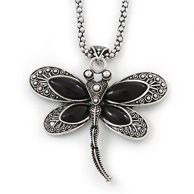 Vintage Hammered Butterfly Pendant On Thick Mesh Chain (Black/ Burn Silver) - 44cm Length/ 6cm Extension - main view