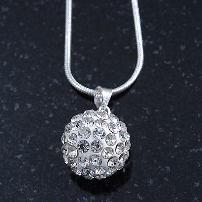 Clear Crystal Ball Pendant On Silver Tone Snake Style Chain - 40cm Length/ 4cm Extention - main view