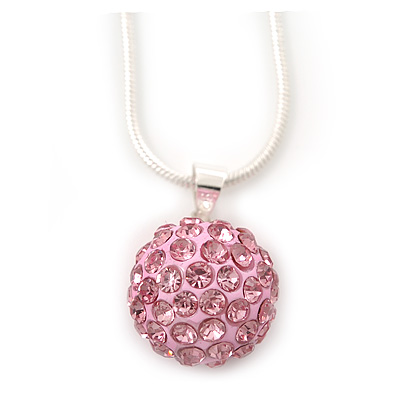 Baby Pink Crystal Ball Pendant On Silver Tone Snake Style Chain - 40cm Length/ 4cm Extention - main view