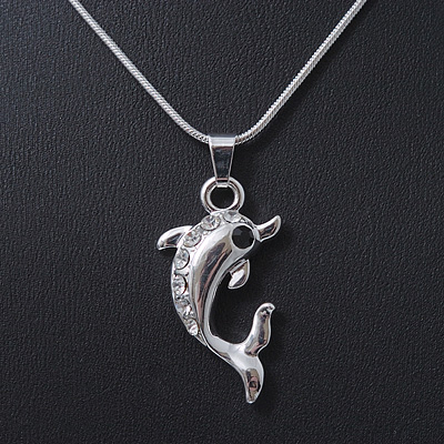 Small Diamante 'Dolphin' Pendant With Silver Tone Snake Style Chain - 42cm Length/ 3cm Extension - main view