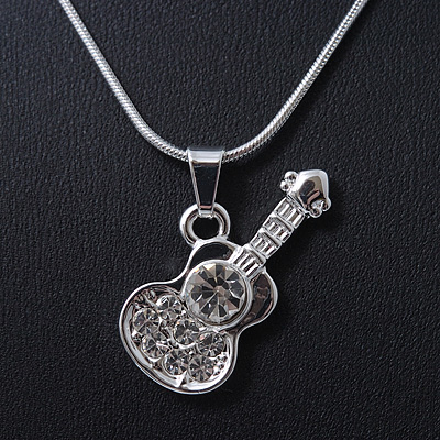 Small Diamante 'Guitar' Pendant With Silver Tone Snake Style Chain - 42cm Length/ 3cm Extender