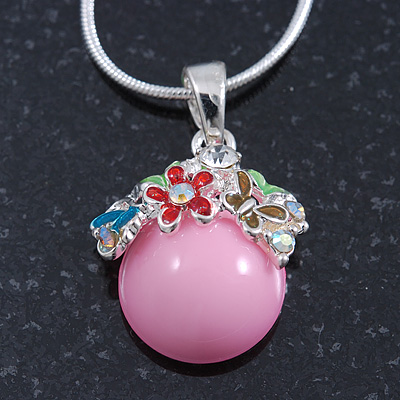 Small Romantic Baby Pink 'Floral Garden' Pendant With Silver Tone Snake Style Chain - 40cm Length/ 6cm Extension - main view