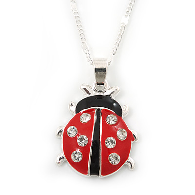 Cute Diamante Black, Red Enamel Ladybug Pendant On Silver Tone Chain - 40cm Length/ 4cm Extension - main view