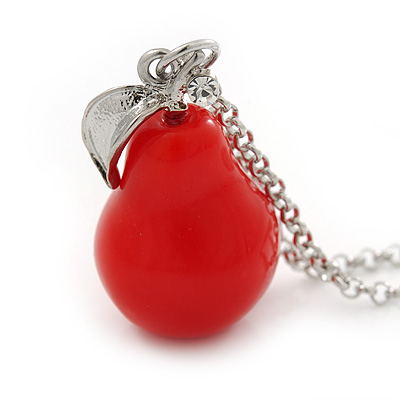 Red Resin 'Pear' Pendant With Long Silver Tone Oval Link Chain Necklace - 70cm Length