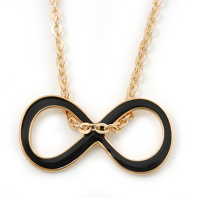 Polished Gold Plated Black Enamel 'Infinity' Pendant Necklace - 42cm Length/ 7cm Extension
