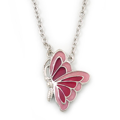 Pink Enamel Butterfly Pendant With Silver Tone Chain - 38cm Length/ 7cm Extension - main view