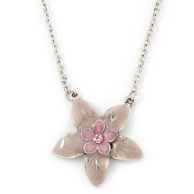Pink Enamel Flower Pendant With Silver Tone Chain - 36cm Length/ 7cm Extension - main view