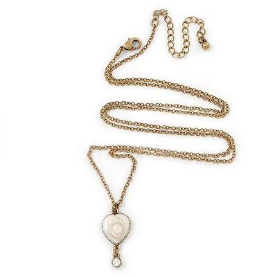 Vintage Inspired Small Cream Enamel Heart Pendant With Long Bronze Tone Chain - 68cm Length/ 8cm Extension - main view