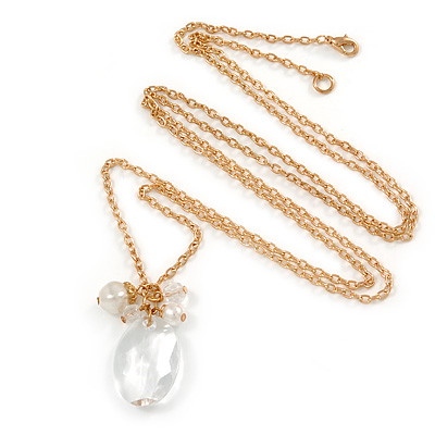 Long Oval Stone, Simulated Pearl Bead Pendant with Gold Tone Chain - 88cm L - main view