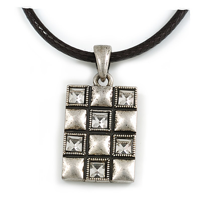 Burn Silver Crystal Square Pendant With Black Leather Style Cord - 38cm Length - main view