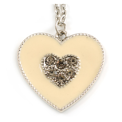 Milky White Enamel, Crystal 'Heart' Pendant With Silver Tone Chain - 40cm Length/ 7cm Extension - main view