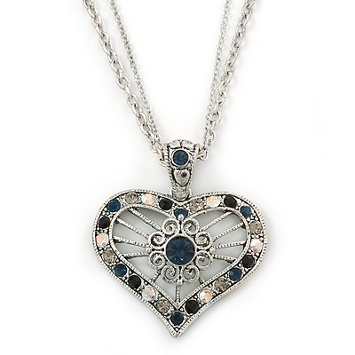Open, Filigree Crystal Heart Pendant With Double Chain In Silver Tone - 38cm L/ 5cm Ext - main view
