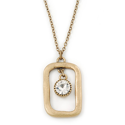 Matte Gold Tone Crystal Square Pendant With Long Chain - 70cm Length/ 7cm Extension - main view