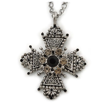 Vintage Inspired Filigree Diamante 'Cross' Pendant With Silver Tone Oval Link Chain - 40cm Length/ 6cm Extender - main view