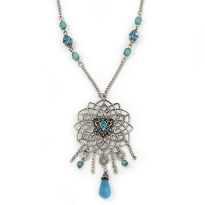 Vintage Inspired Filigree, Crystal Pendant With Light Blue Beaded Chain In Pewter Tone - 44cm Length/ 7cm Extender - main view