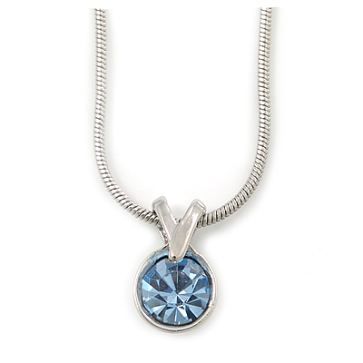 7mm Light Blue Round Crystal Pendant With Silver Tone Snake Chain - 36cm Length/ 5cm Extension - main view