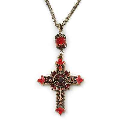 Vintage Inspired Red Crystal, Enamel Cross Pendant With Bronze Tone Chains - 46cm L/ 7cm Ext