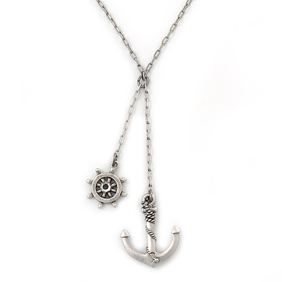 Vintage Inspired 'Anchor & Steer Wheel' Pendant With Silvder Tone Chain Necklace - 36cm L/ 8cm Ext