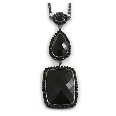 Victorian Style Black Acrylic Square Pendant With Gun Metal Chain Necklace - 38cm Length/ 5cm Extension - main view
