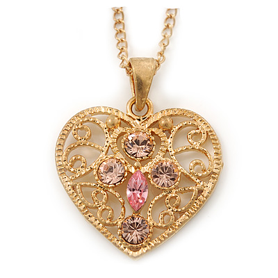 Romantic Filigree Pink Diamante 'Heart' Pendant With Gold Plated Chain - 38cm Length/ 7cm Extension - main view