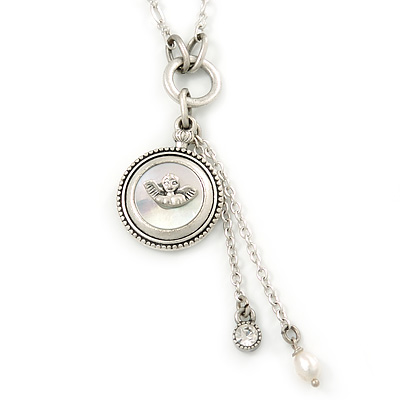 Vintage Inspired Mother of Pearl 'Angel' Pendant With Silver Tone Chain - 36cm L/ 7cm Ext - main view