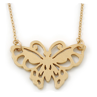 Small Matte Gold 'Butterfly' Pendant Necklace - 36cm Length/ 6cm Extension - main view