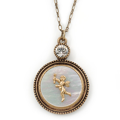 Long Vintage Inspired Mother of Pearl Cupid Love Angel Pendant On Burnt Gold Chain Necklace - 72cm L/ 8cm Ext - main view