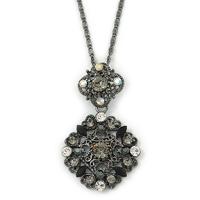 Victorian Style Crystal Double Square Pendant With 44cm L Gun Metal Chain - main view