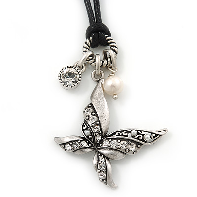 Vintage Inspired Crystal Butterfly & Bead Pendant On Black Waxed Cord - 36cm Length/ 8cm Extension - main view