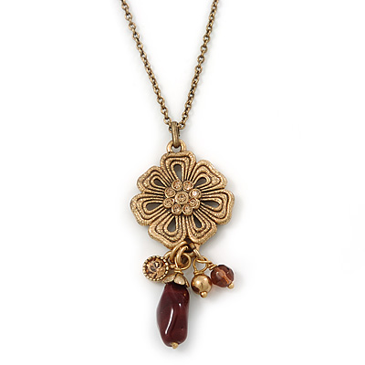 Vintage Inspired Flower And Charms Pendant With Gold Tone Chain - 38cm Length/ 8cm Extension - main view
