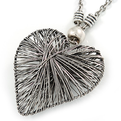 Oversized Wired Heart Pendant with Long Chunky Chain In Silver Tone - 80cm L/ 7cm Ext - main view