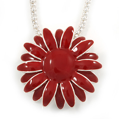 Dark Red Enamel Flower Pendant with Long Thick Silver Tone Chain - 86cm L
