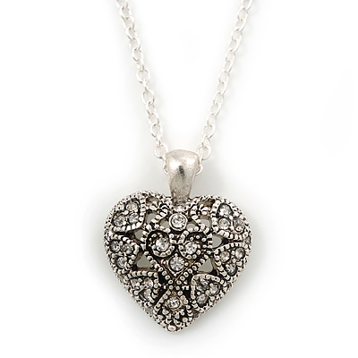 Small Burn Silver Marcasite Crystal 'Heart' Pendant With Silver Tone Chain - 40cm Length/ 5cm Extension