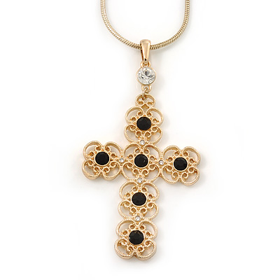 Victorian Style Filigree, Diamante Statement Cross Pendant With Gold Tone Snake Chain - 38cm Length/ 7cm Extension