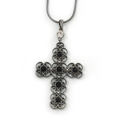 Victorian Style Filigree, Diamante Statement Cross Pendant With Black Tone Snake Chain - 38cm Length/ 7cm Extension - main view